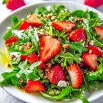 A vibrant close-up of a fresh Strawberry Arugula Salad in a white bowl, garnished with crumbled feta and nuts, with whole strawberries blurred in the background.