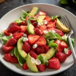 A delicious Strawberry Avocado Salad with fresh strawberries, avocado, feta, and basil in a white bowl, served alongside a fork.