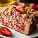 A close-up of a delicious slice of Strawberry Banana Bread with Crumb Topping, drizzled with a light glaze and topped with a fresh strawberry, on a white plate.