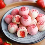 A plate of pink and white Strawberry Cheesecake Bites, with some cut open revealing a luscious strawberry filling and fresh strawberries around.