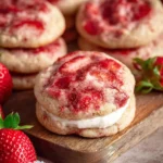 A stacked Strawberry Cheesecake Cookie sandwich with creamy white filling, surrounded by fresh strawberries and more cookies on a wooden board.