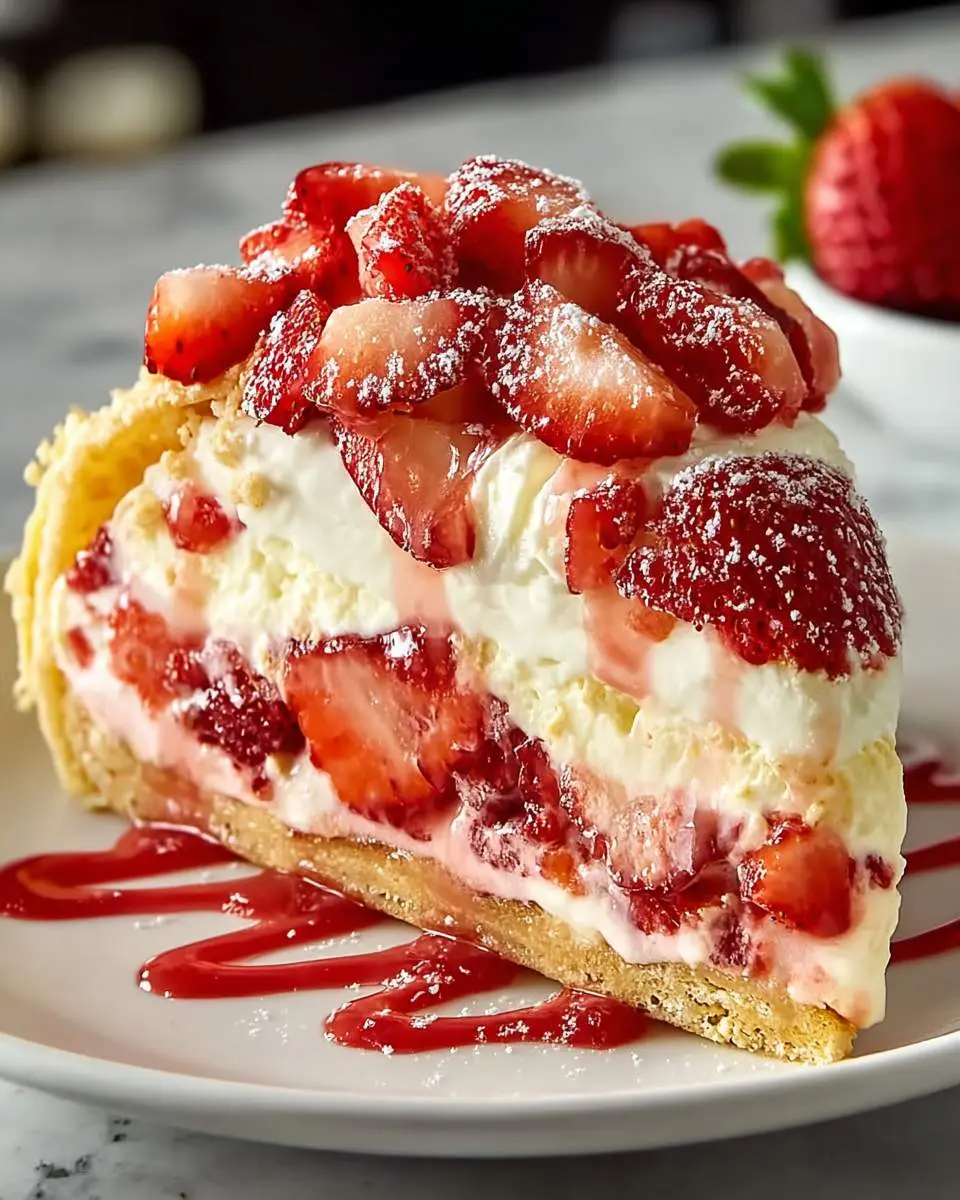 Strawberry Cheesecake Dessert Tacos 29 A slice of Strawberry Cheesecake Dessert Tacos with creamy filling, fresh strawberries, powdered sugar, and strawberry drizzle.