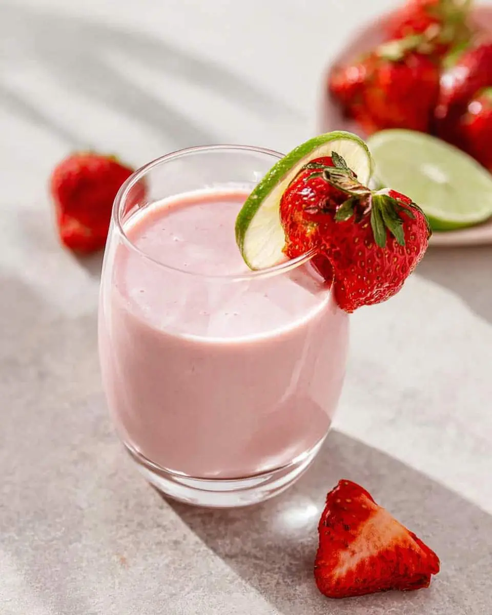 Strawberry Coconut Smoothie 29 A vibrant pink Strawberry Coconut Smoothie in a clear glass, garnished with a fresh strawberry and lime slice on a light table.