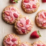 Overhead view of several freshly baked Strawberry Iced Oatmeal Cookies, adorned with pink icing, strawberry slices, and whole strawberries.