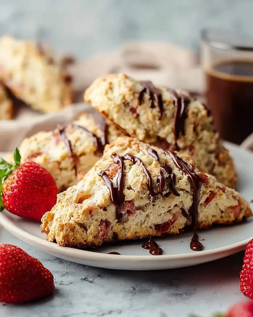 Three triangular Strawberry Nutella Scones, generously drizzled with chocolate, arranged on a white plate with fresh strawberries.