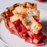 A delicious slice of golden-crusted Strawberry Rhubarb Pie with a lattice top, dusted with powdered sugar, served on a white plate.