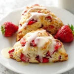Two delicious strawberry scones drizzled with white glaze, served on a white plate with fresh strawberries and a cup of tea.