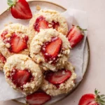 Delicious homemade Strawberry Shortbread Cookies topped with fresh strawberry jam and sliced strawberries on a plate.