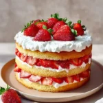 A vibrant Strawberry Shortcake Layer Cake with three golden cake layers, fresh whipped cream, and juicy whole and sliced strawberries.