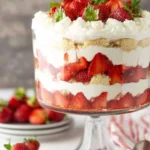 A vibrant Strawberry Shortcake Trifle in a clear glass pedestal dish, featuring layers of red strawberries, white cream, and yellow cake.