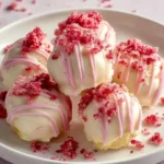 A plate of delightful Strawberry Shortcake Truffles covered in white chocolate, pink drizzle, and red crumbs.
