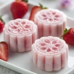Three delicate pink Strawberry Snow Skin Mooncakes with intricate floral patterns are artfully arranged on a white plate, accompanied by fresh strawberries.