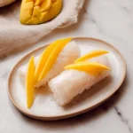 A plate featuring two Sweet Mango Sticky Rice Rolls, each topped with fresh yellow mango slices, with a carved mango in the background.