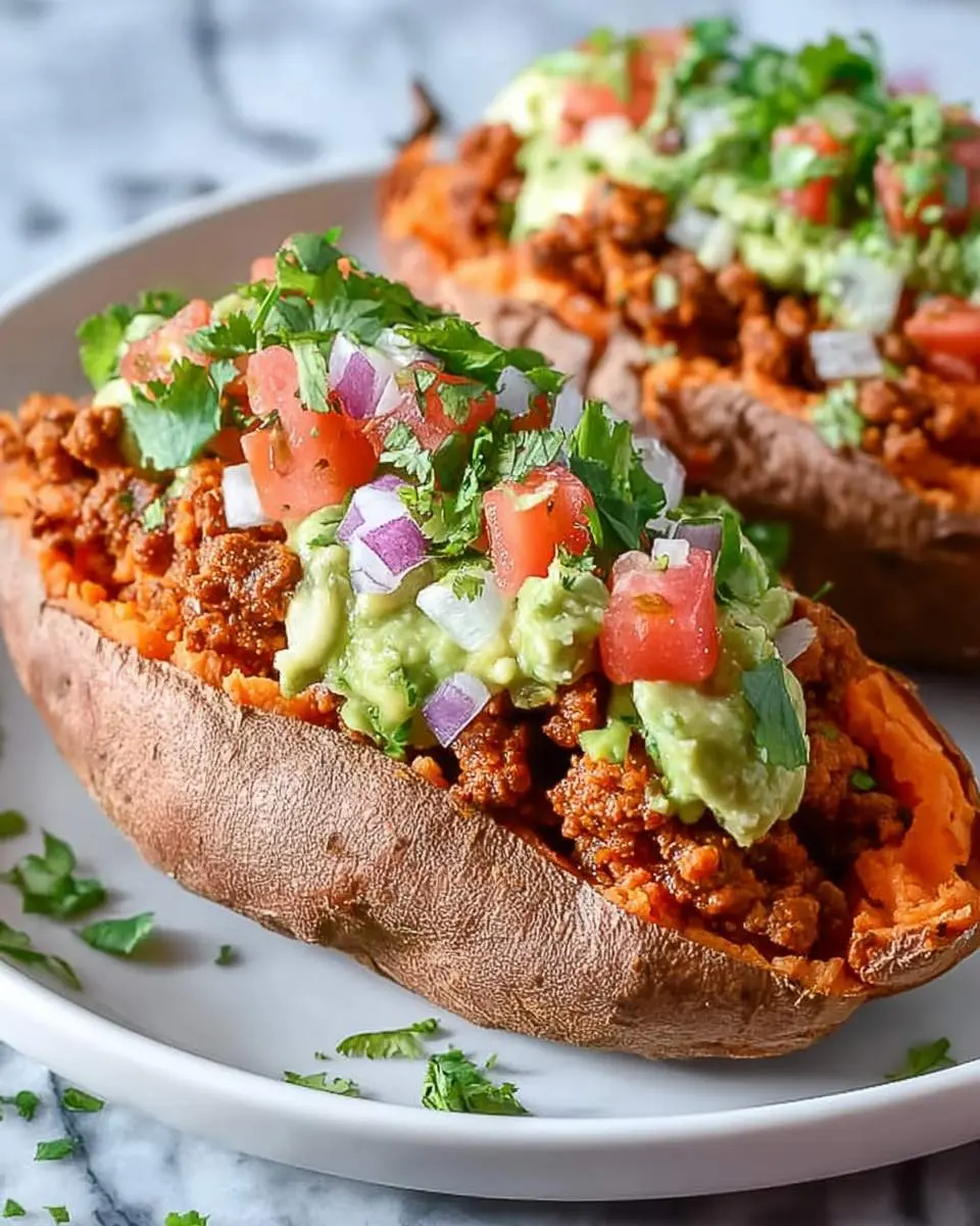 Taco Stuffed Sweet Potatoes 29 Close-up of two delicious Taco Stuffed Sweet Potatoes topped with guacamole, pico de gallo, and fresh cilantro on a white plate.