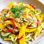 A vibrant Thai Mango Salad with Crunch, featuring yellow mango strips, cucumber, red onion, chili, fresh mint, and chopped peanuts in a white bowl.