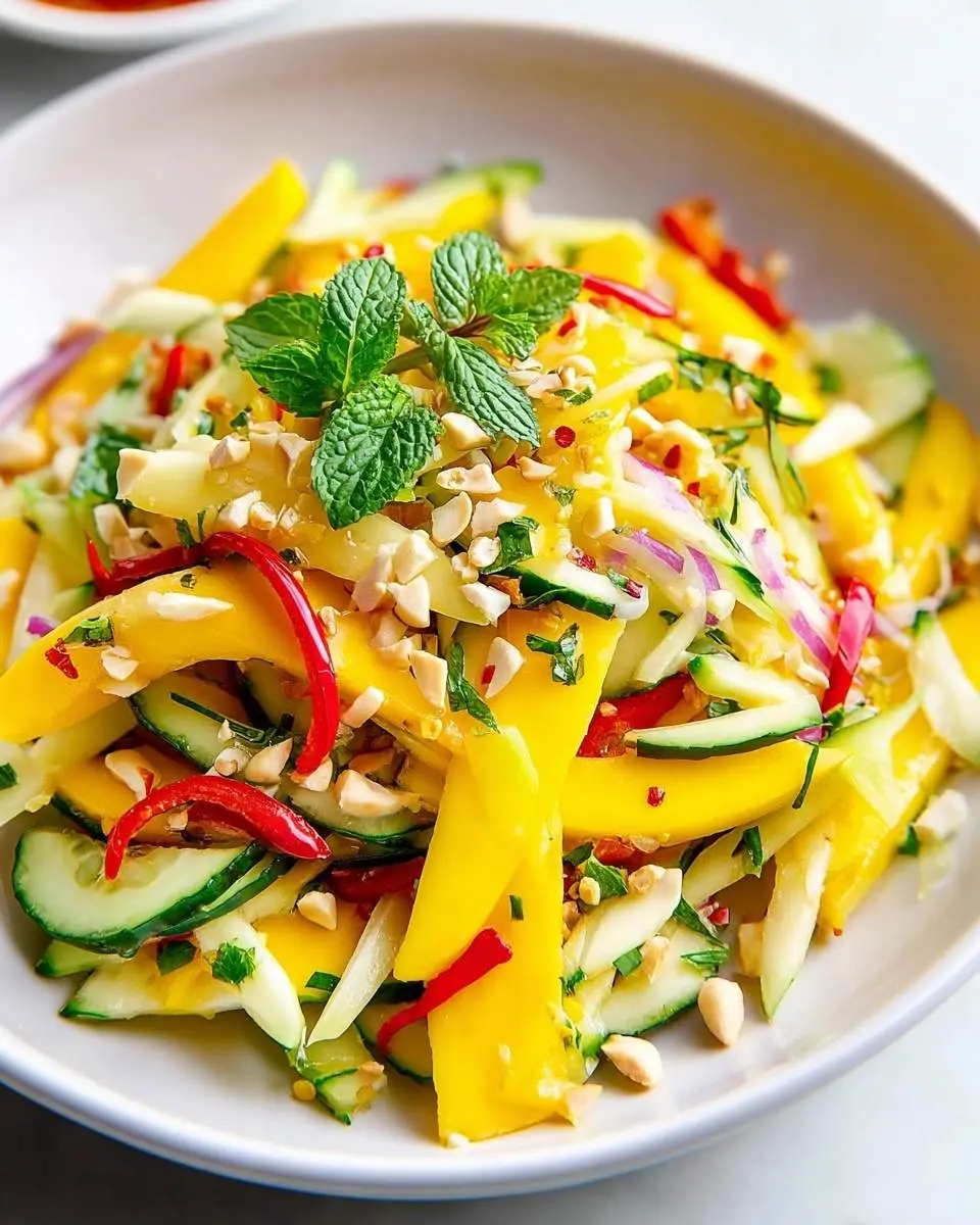A vibrant Thai Mango Salad with Crunch, featuring yellow mango strips, cucumber, red onion, chili, fresh mint, and chopped peanuts in a white bowl.