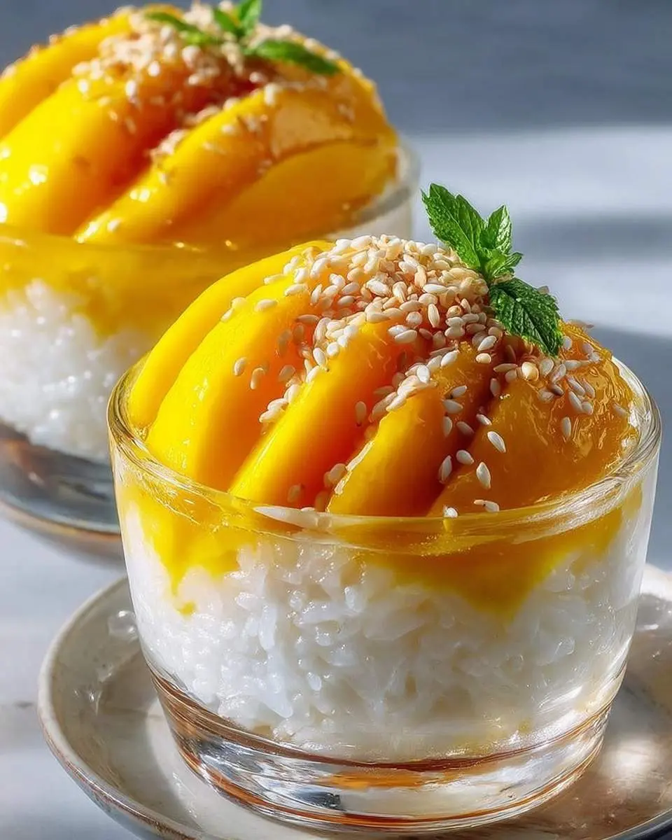 Thai Mango Sticky Rice 29 A vibrant close-up of two glasses of Thai Mango Sticky Rice, featuring sweet mango slices, coconut-infused rice, sesame seeds, and mint.