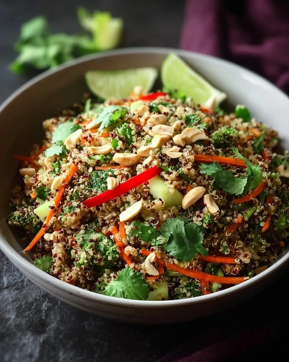 Thai Quinoa Crunch Salad 28 A vibrant bowl of Thai Quinoa Crunch Salad with mixed quinoa, carrots, cilantro, cucumber, red chili, peanuts, and lime wedges.