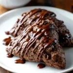 A close-up shot of several dark brown Triple Chocolate Scones Supreme on a white plate, generously drizzled with a glossy chocolate glaze.