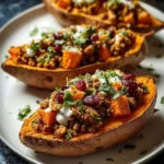 Three delicious Turkey Stuffed Sweet Potatoes on a white plate, garnished with herbs, creamy sauce, and cranberries.