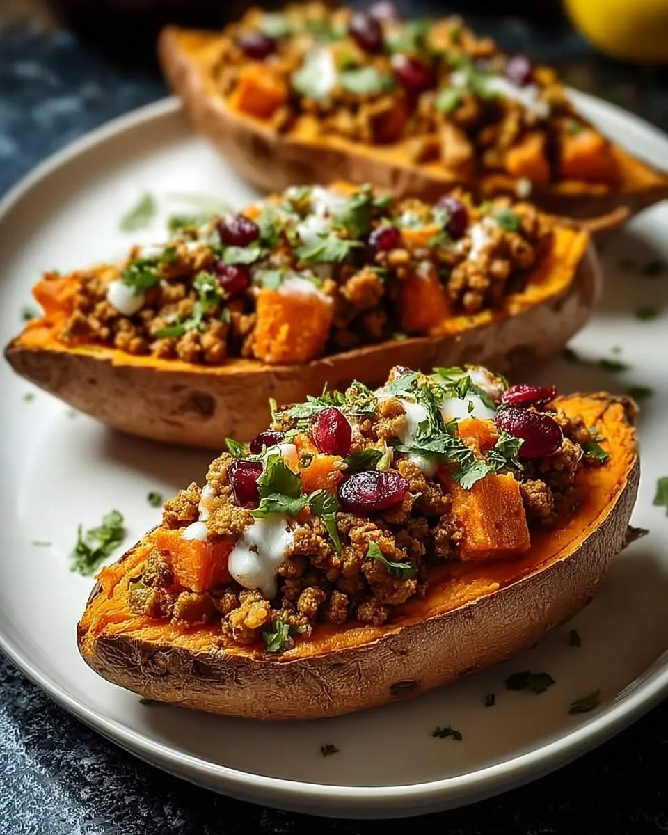 Three delicious Turkey Stuffed Sweet Potatoes on a white plate, garnished with herbs, creamy sauce, and cranberries.