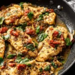 Close-up of a Tuscan Chicken Skillet simmering in a dark pan, featuring golden chicken breasts, sun-dried tomatoes, onions, and fresh basil.