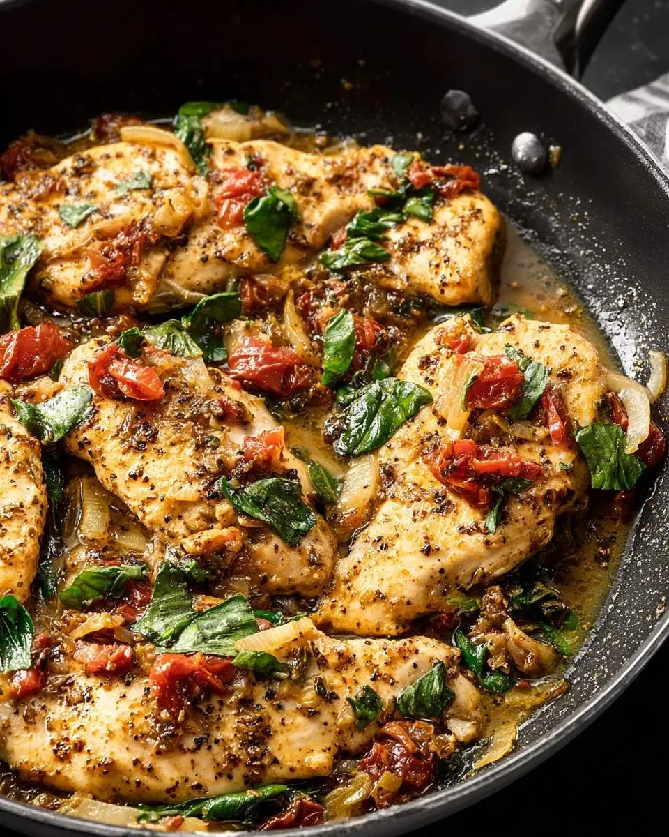 Tuscan Chicken Skillet 29 Close-up of a Tuscan Chicken Skillet simmering in a dark pan, featuring golden chicken breasts, sun-dried tomatoes, onions, and fresh basil.