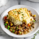 A delicious serving of golden-brown Vegan Shepherd's Pie topped with fresh thyme on a white plate, revealing a hearty lentil and vegetable filling.