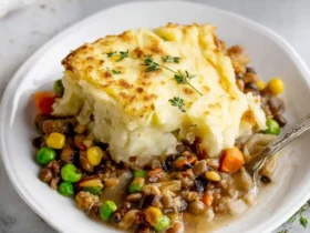 A delicious serving of golden-brown Vegan Shepherd's Pie topped with fresh thyme on a white plate, revealing a hearty lentil and vegetable filling.