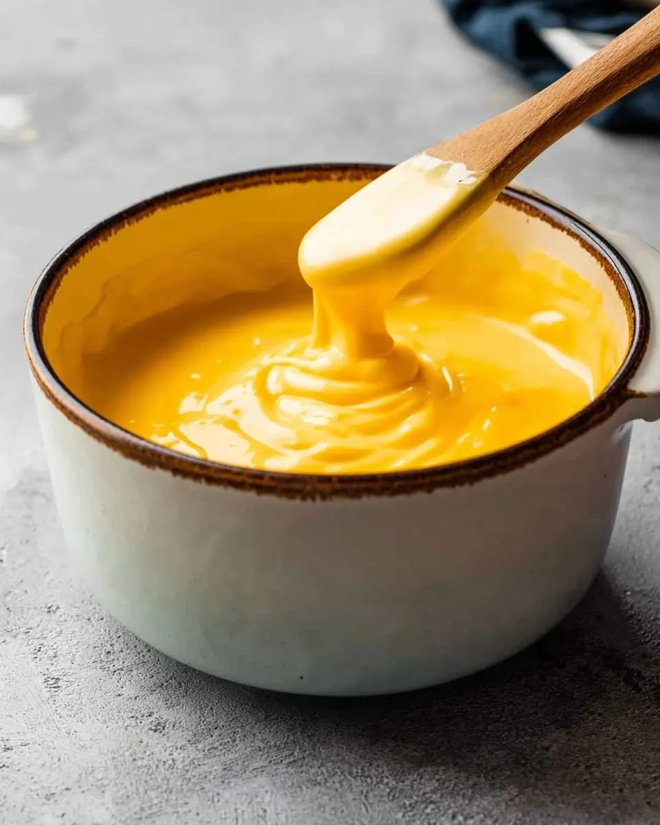 Velveeta Cheese Sauce 26 A wooden spoon stirs a rich, creamy yellow Velveeta Cheese Sauce in a white bowl on a grey background.