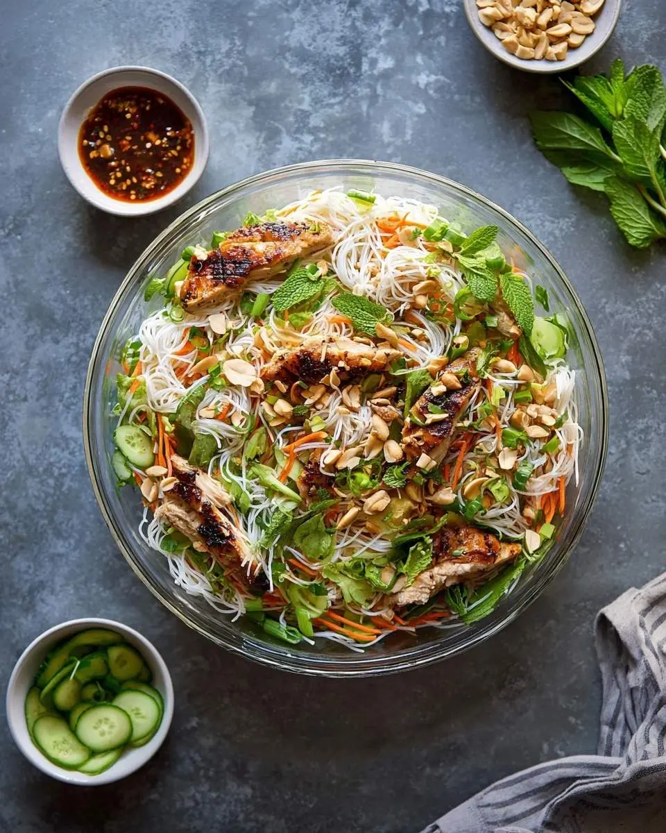 Vietnamese Noodle Salad with Grilled Chicken 29 An overhead view of a large clear bowl filled with Vietnamese Noodle Salad with Grilled Chicken, garnished with mint and peanuts.