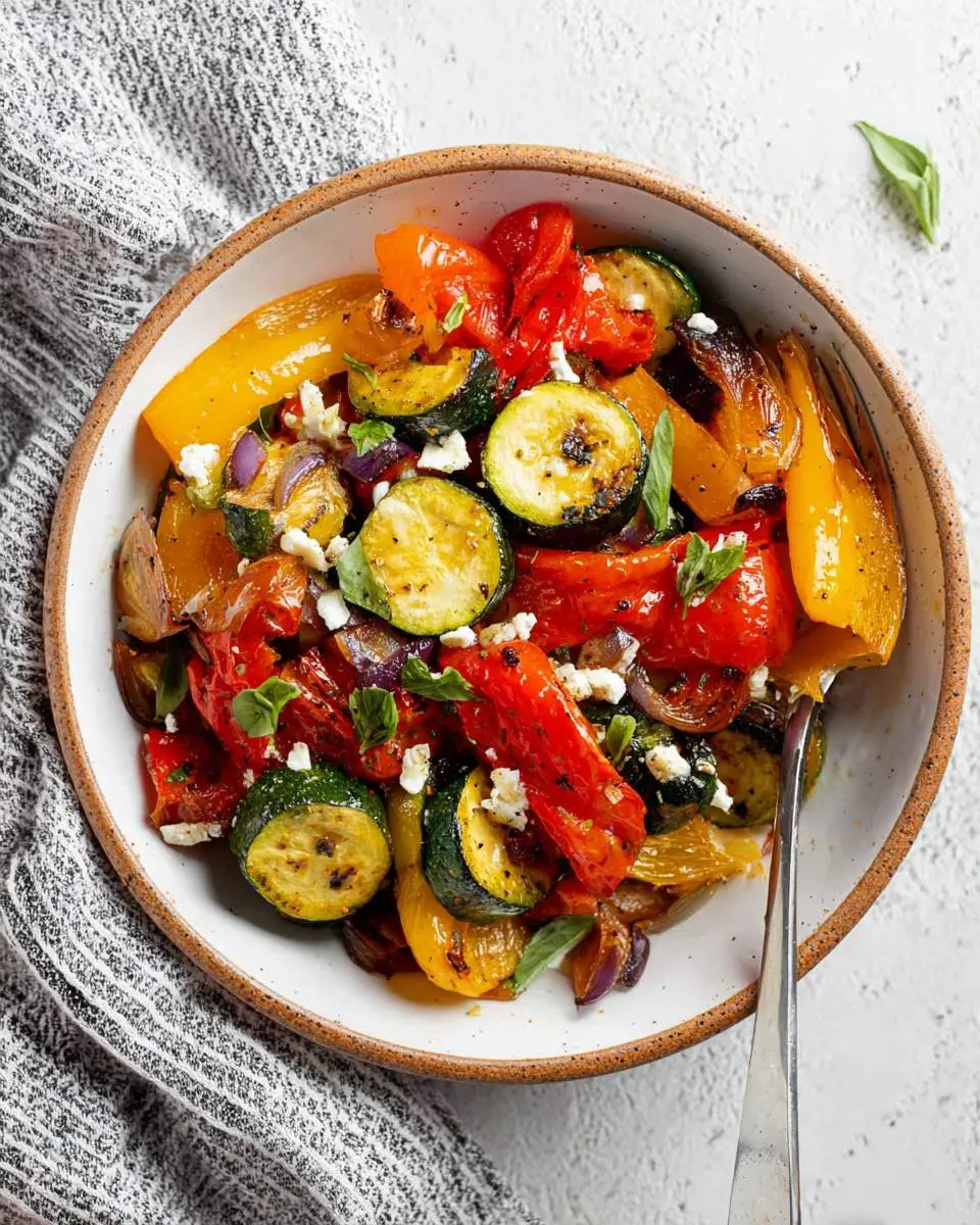 Air Fryer Mediterranean Vegetables 28 A close-up of a bowl filled with colorful Air Fryer Mediterranean Vegetables, including zucchini, bell peppers, and red onion, garnished with feta cheese and fresh herbs.