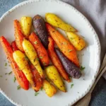 A white plate brimming with a colorful assortment of perfectly roasted Air Fryer Rainbow Carrots, garnished with fresh herbs.