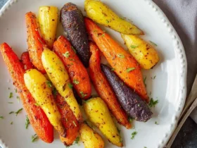 Air Fryer Rainbow Carrots 53 A white plate brimming with a colorful assortment of perfectly roasted Air Fryer Rainbow Carrots, garnished with fresh herbs.
