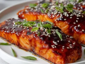 Two perfectly glazed Air Fryer Teriyaki Salmon fillets, topped with sesame seeds and fresh green onions, presented on a white plate.