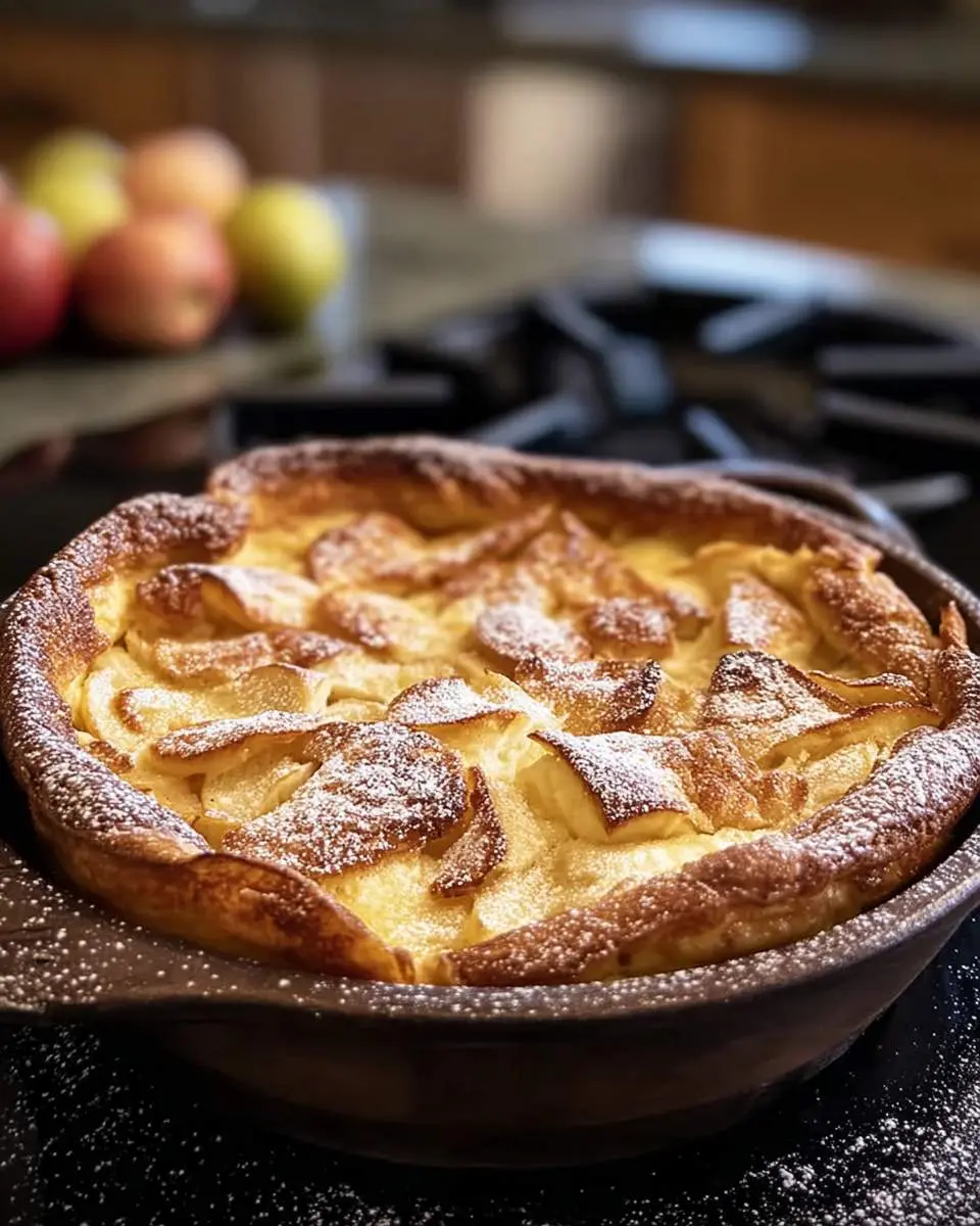 A freshly baked Apple Cinnamon German Pancake, generously dusted with powdered sugar and featuring caramelized apple slices, in a round pan.