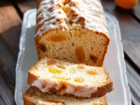 A glazed loaf of apricot bread and two sliced pieces sit on a white plate on a wooden table, with fresh apricots in the background.