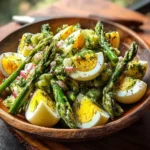 A close-up of a vibrant Asparagus Egg Salad served in a rustic wooden bowl, featuring halved hard-boiled eggs, green asparagus, and red onion.