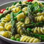 A vibrant Asparagus Pasta Salad with fusilli pasta, green peas, cherry tomatoes, and fresh basil in a white bowl.