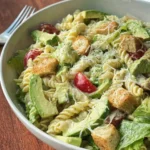 A white bowl filled with creamy Avocado Caesar Pasta Salad featuring rotini, fresh avocado, cherry tomatoes, croutons, and grated cheese.