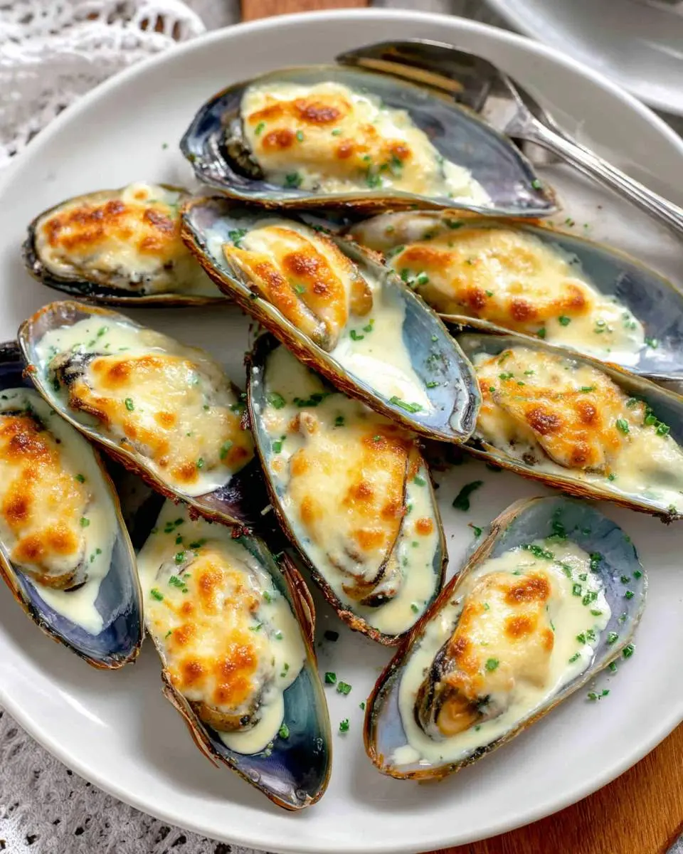 A close-up view of delicious Baked Mussels With Mayonnaise Recipe, golden brown and topped with chives, served on a white plate.