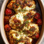 Three golden-brown Balsamic Baked Chicken Breast with Mozzarella Cheese, garnished with thyme and roasted tomatoes in a baking dish.