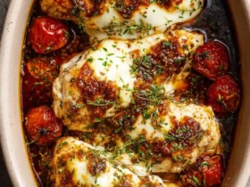 Three golden-brown Balsamic Baked Chicken Breast with Mozzarella Cheese, garnished with thyme and roasted tomatoes in a baking dish.