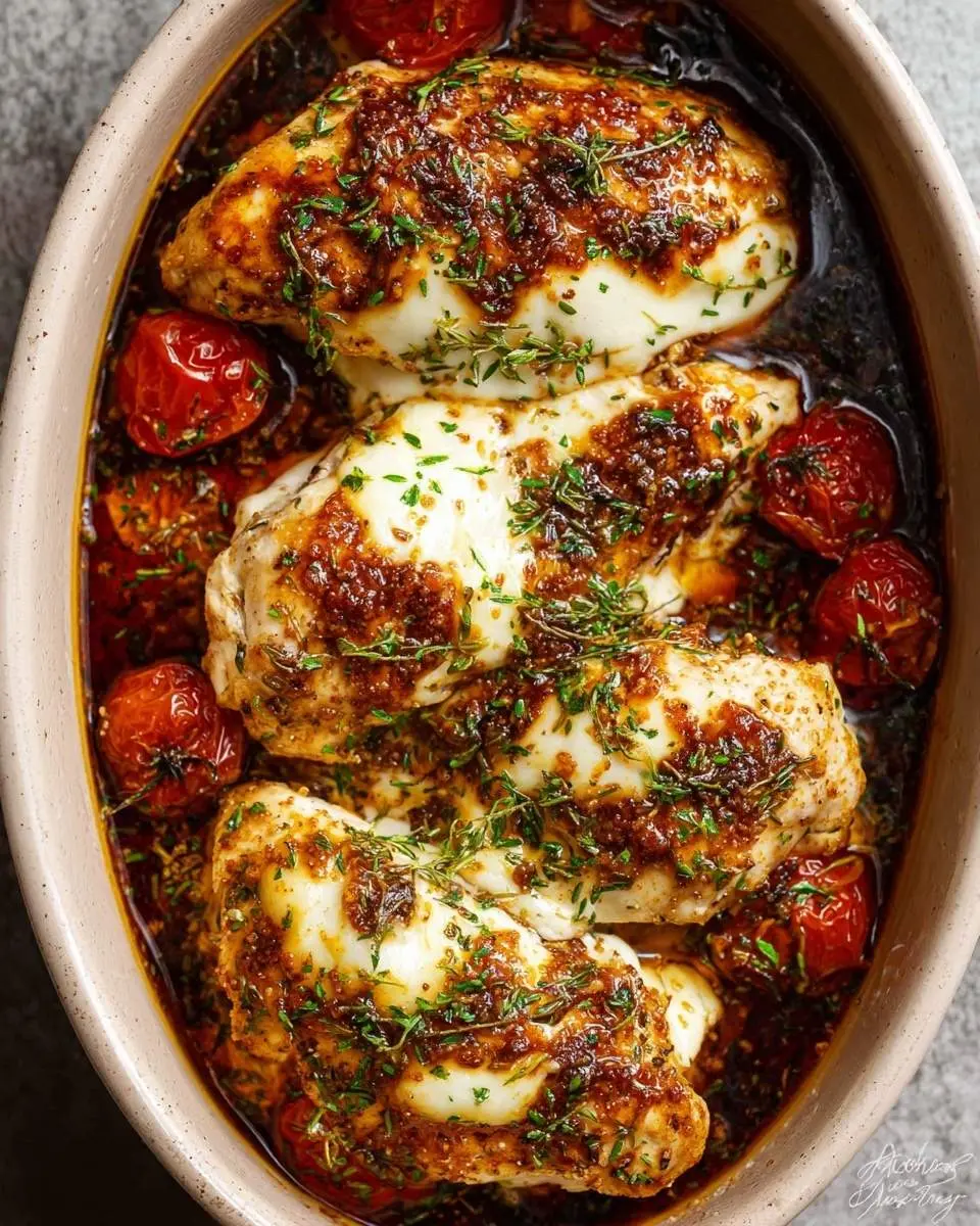 Balsamic Baked Chicken Breast with Mozzarella Cheese 29 Three golden-brown Balsamic Baked Chicken Breast with Mozzarella Cheese, garnished with thyme and roasted tomatoes in a baking dish.