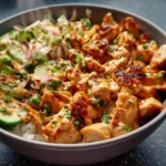 A vibrant Bang Bang Chicken Bowl featuring saucy chicken, fresh cucumber, red onion, green onions, and chili flakes over white rice.