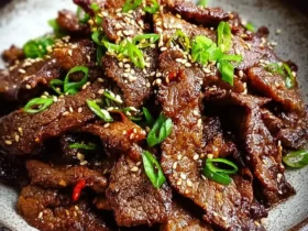 A close-up of delicious Beef Bulgogi garnished with fresh green onions and toasted sesame seeds in a rustic bowl.