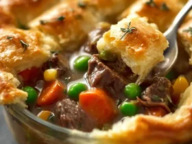 Beef Pot Pie 53 A spoon lifts a piece of golden crust from a hearty Beef Pot Pie filled with tender meat and vegetables.