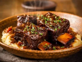 Steaming, savory Beef Short Ribs served over creamy mashed potatoes in a rustic bowl, garnished with fresh herbs.