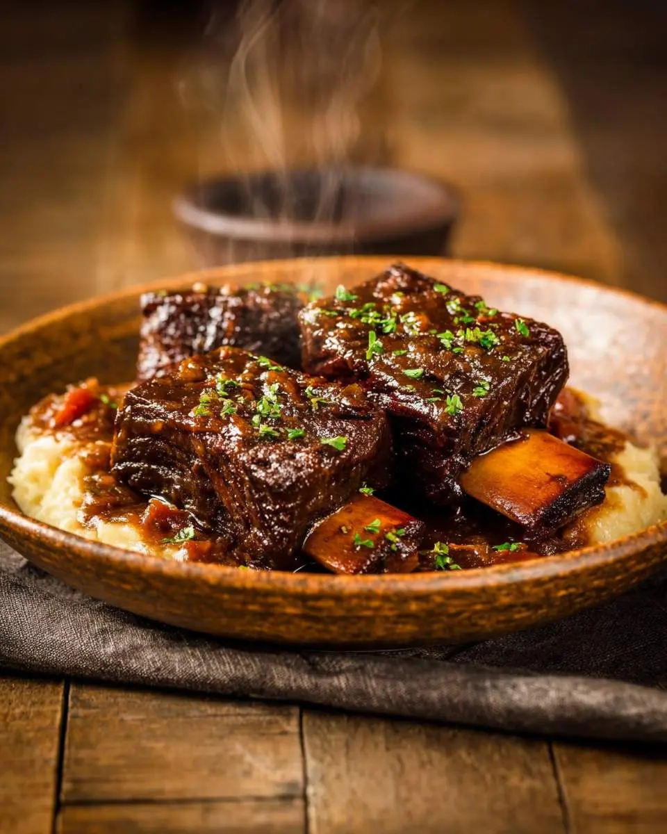 Steaming, savory Beef Short Ribs served over creamy mashed potatoes in a rustic bowl, garnished with fresh herbs.