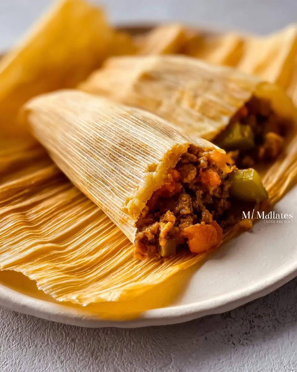 Beef Tamales 28 Two homemade Beef Tamales, one partially unwrapped to show the savory beef and vegetable filling, resting on a white plate.